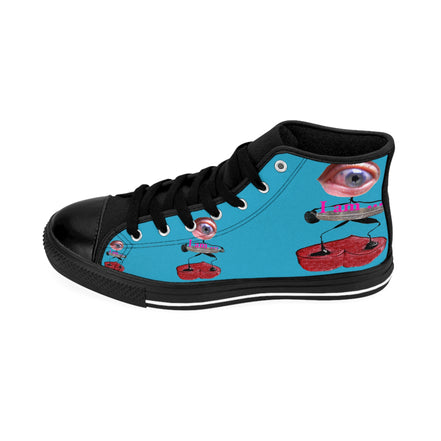 I Am – Women’s High-Top Canvas Sneakers with Surreal Eye Figure Art – Turquoise Background