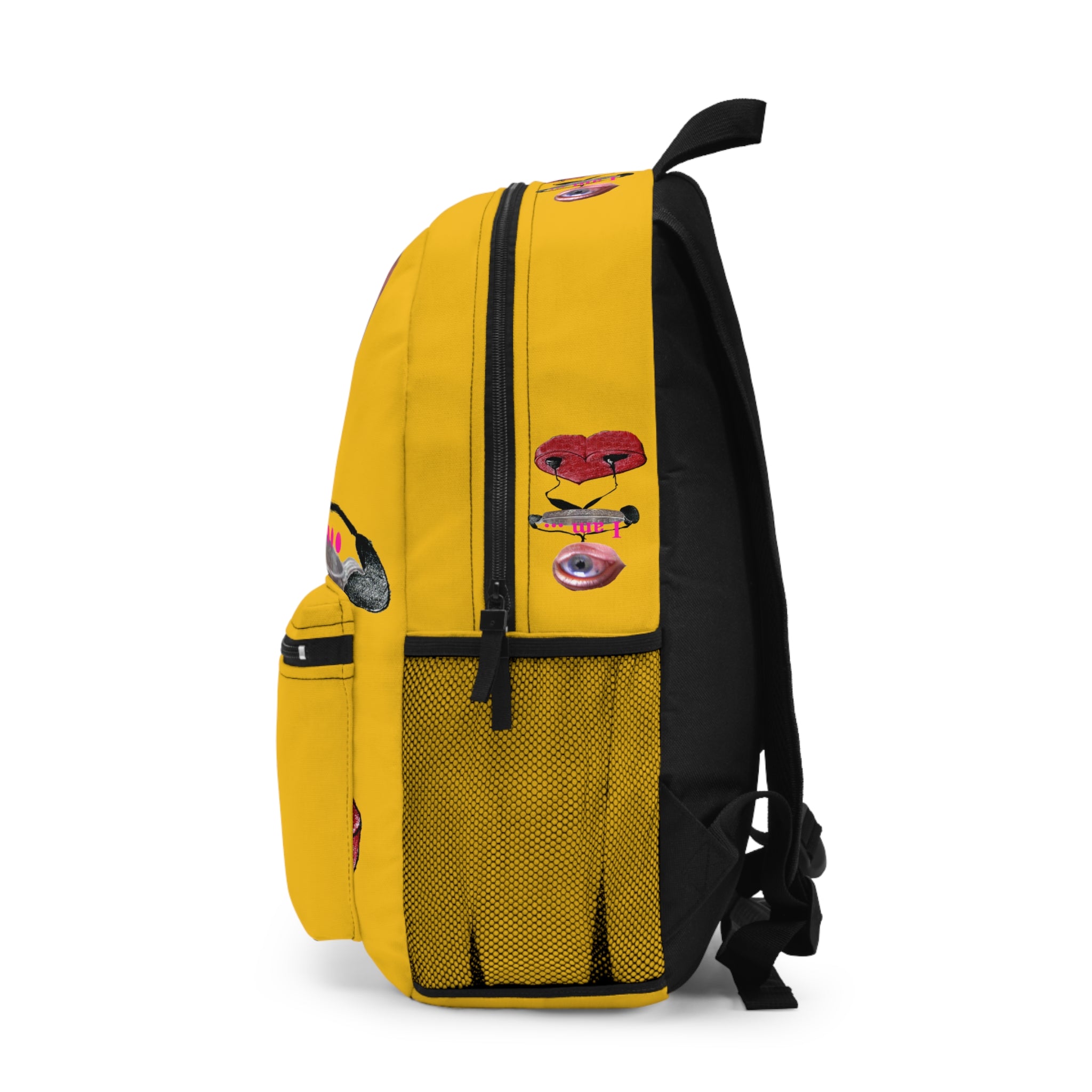 Surreal Eye Character Backpack — “I am…” Art Print School Bag (yellow)