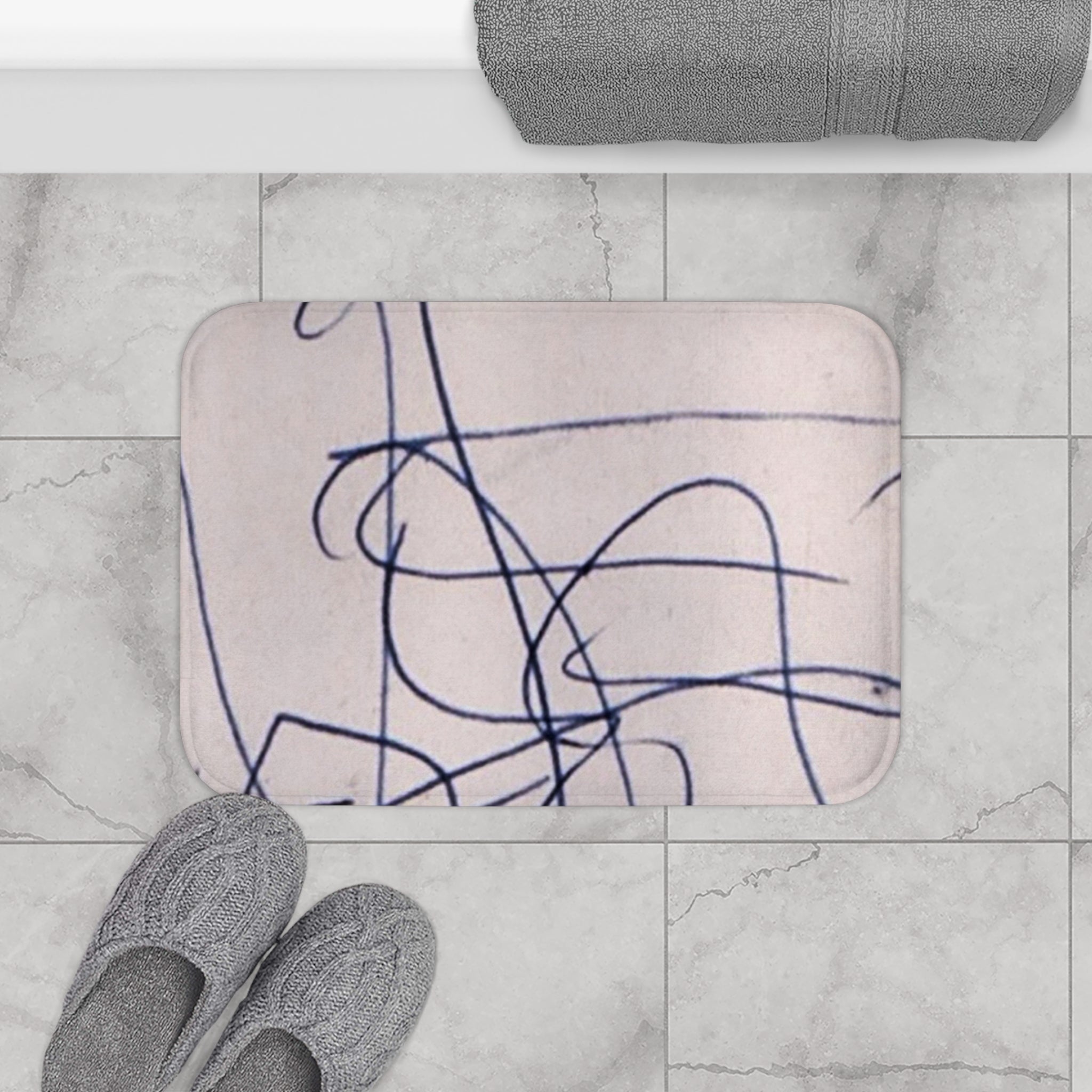 Minimalist Scribble Bath Mat — Abstract Navy Line Art Floor Mat