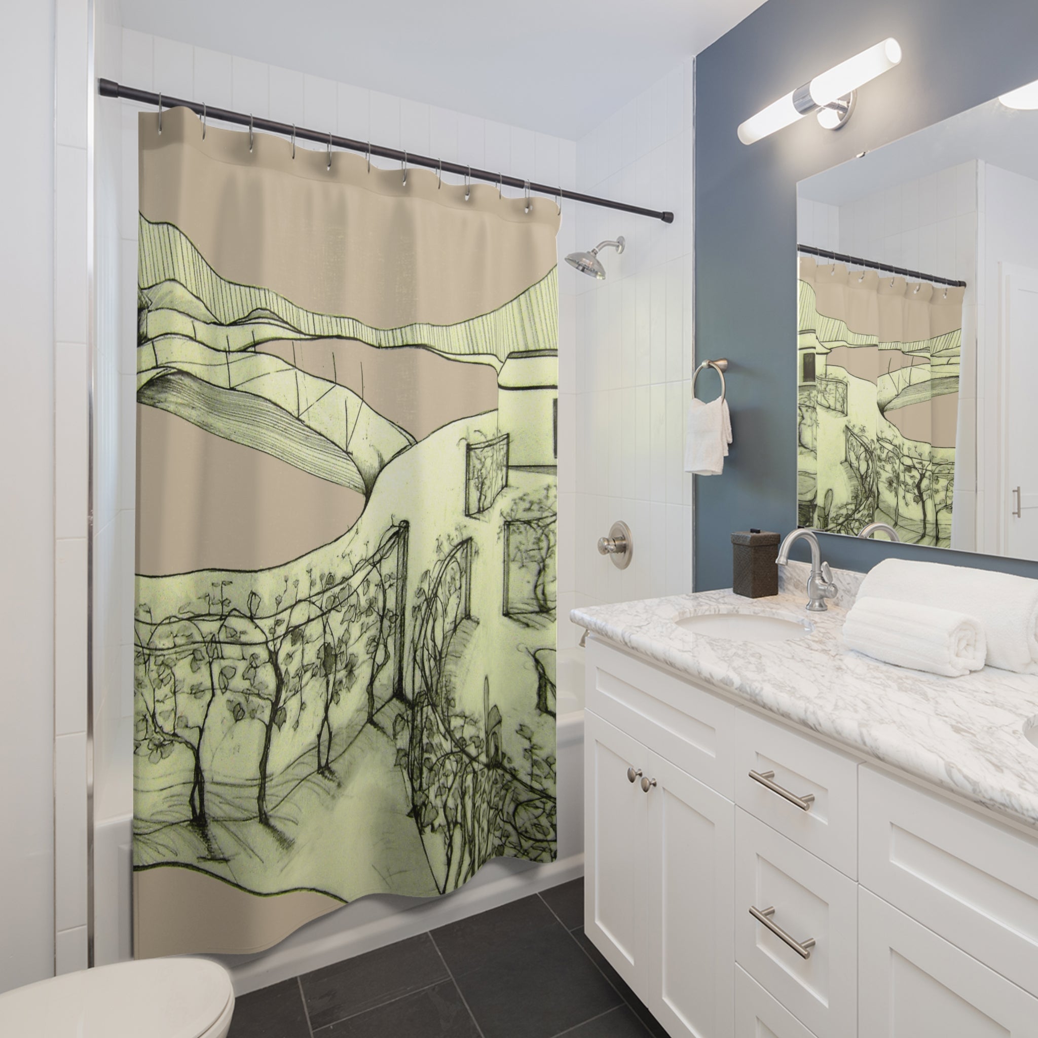 Tuscan — Hand-Drawn Landscape Shower Curtain (Creme)