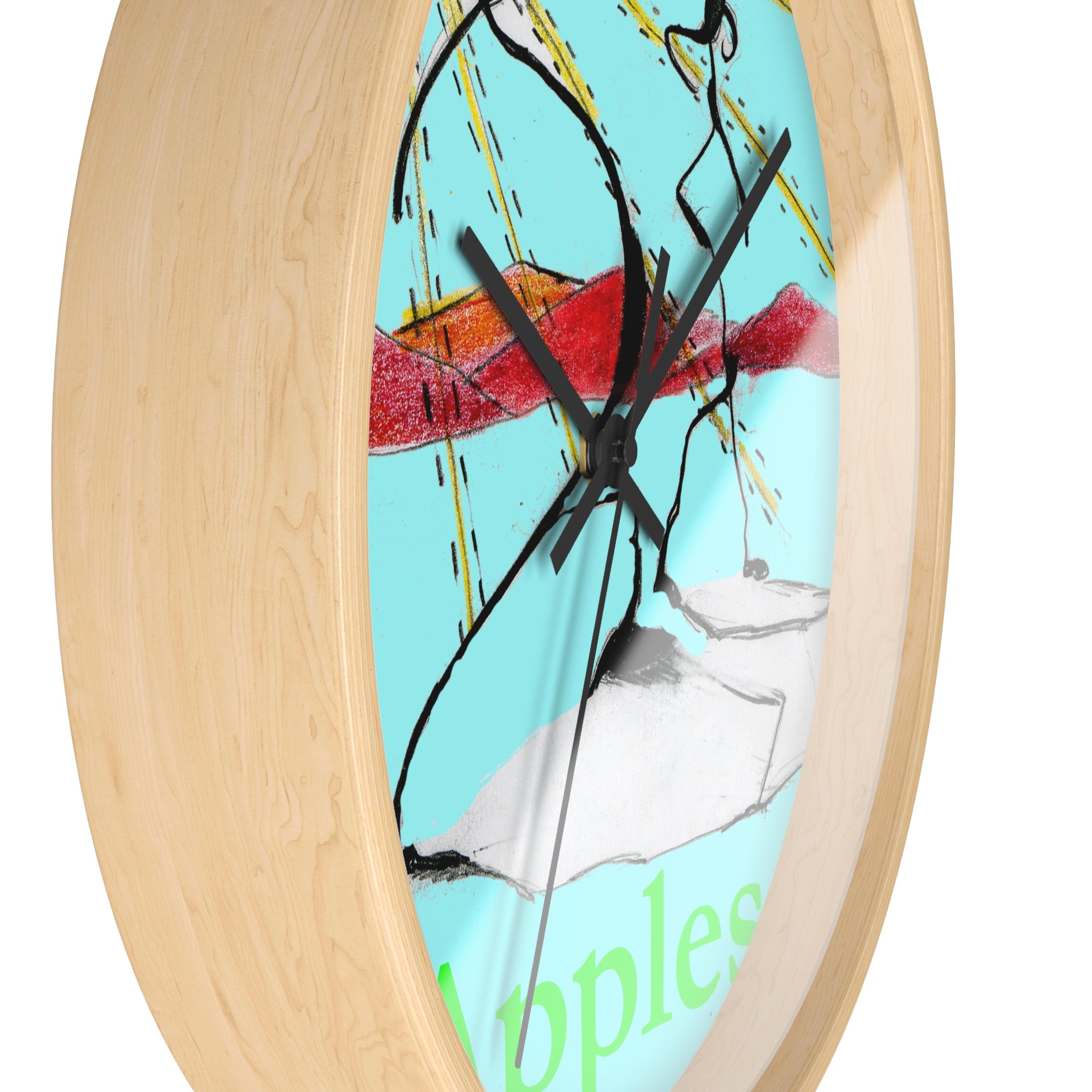 Side angle view of Apples in Motion 10-inch designer wall clock showing teal artwork, pale wood frame, and black hands
