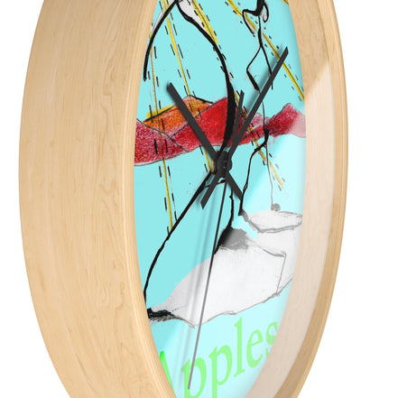 Side angle view of Apples in Motion 10-inch designer wall clock showing teal artwork, pale wood frame, and black hands