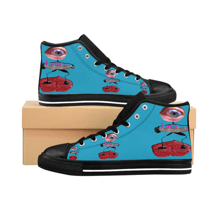 I Am – Women’s High-Top Canvas Sneakers with Surreal Eye Figure Art – Turquoise Background