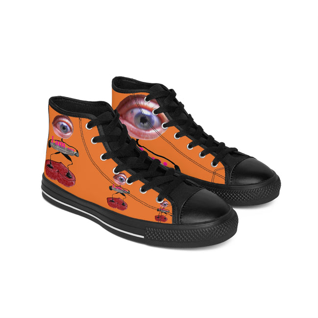 I Am – Women’s High-Top Canvas Sneakers with Surreal Eye Figure Art – Bright Orange Background
