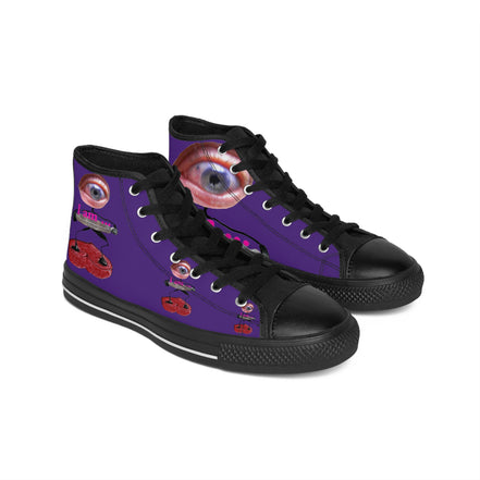 I Am – Men’s High-Top Canvas Sneakers with Surreal Eye Figure Art – Dark Purple Background