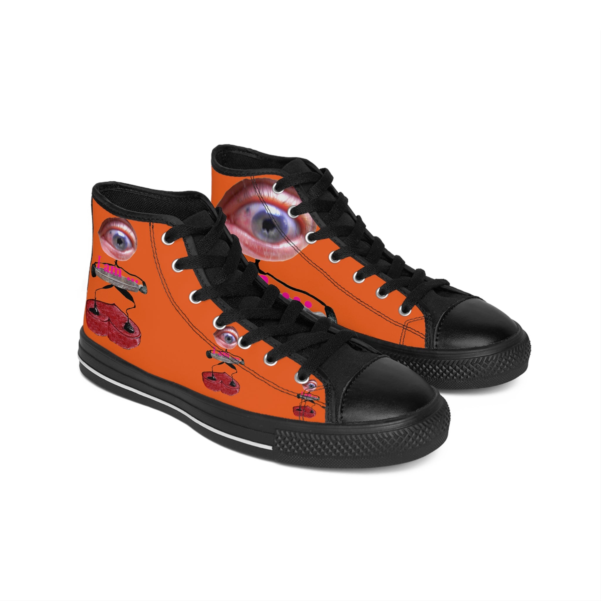 I Am – Men’s High-Top Canvas Sneakers with Surreal Eye Figure Art – Dark Orange Background