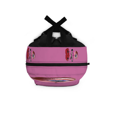 Surreal Eye Character Backpack — “I am…” Art Print School Bag (pink)