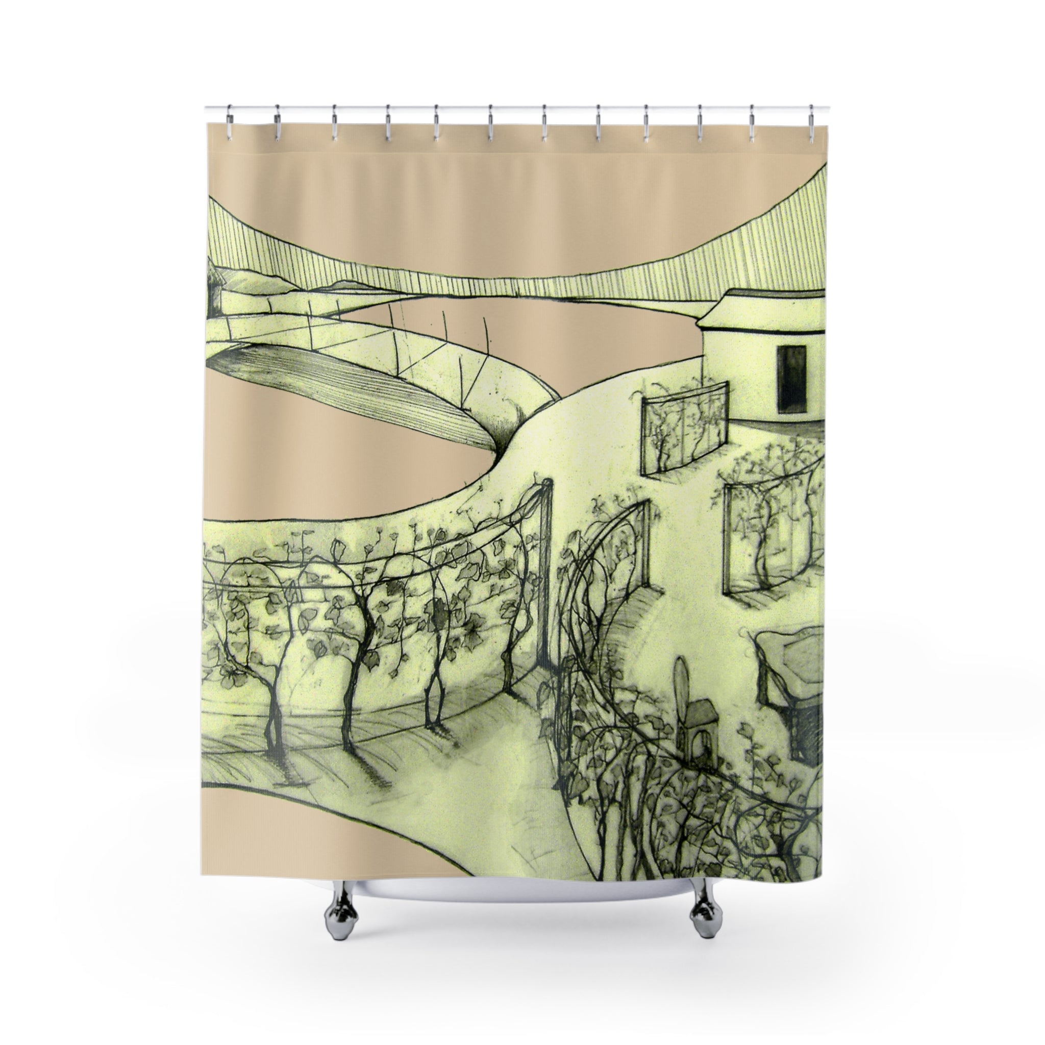 Tuscan — Hand-Drawn Landscape Shower Curtain (creme)