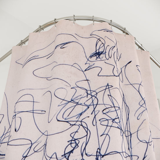 Shower Curtain — Abstract Blue Scribble on Blush Background