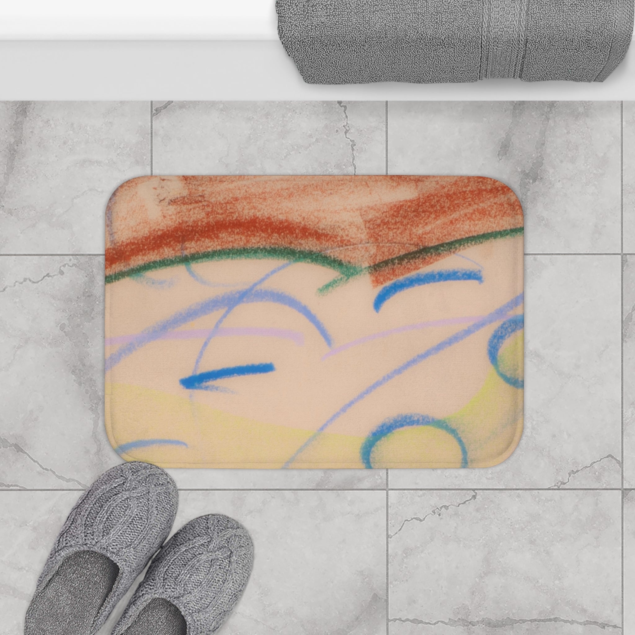 Abstract Pastel Doodle Bath Mat — Soft Watercolor Scribble Design