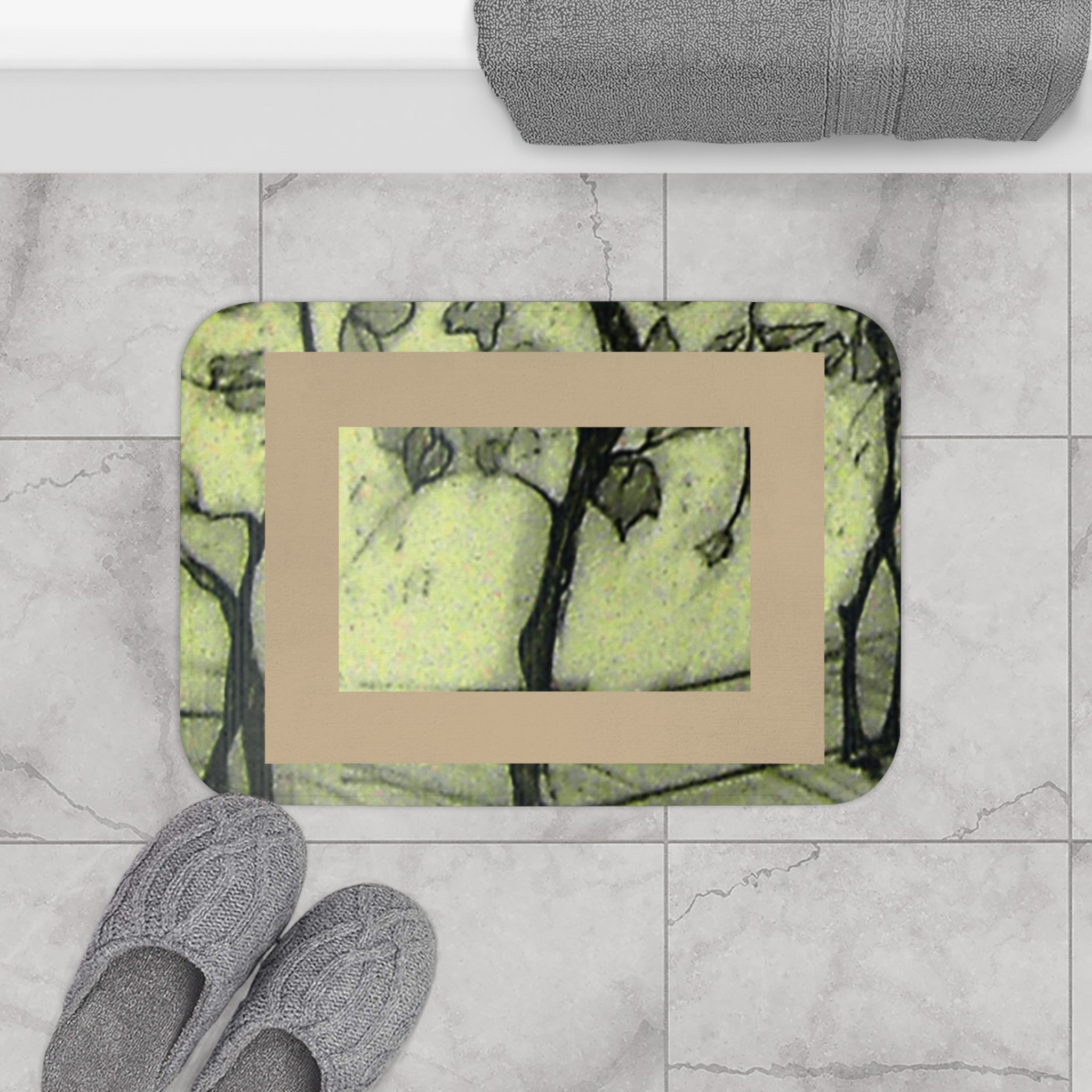 Tuscan Bath Mat — Hand-Drawn Landscape (Beige)