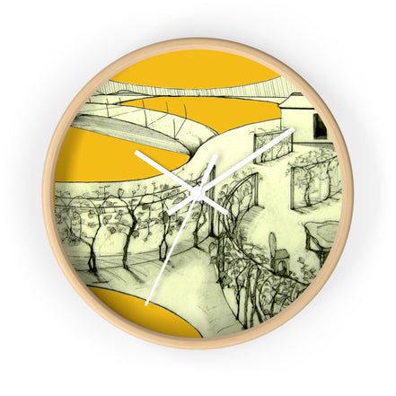 Tuscan — Hand-Drawn Landscape Designer Wall Clock (Yellow)