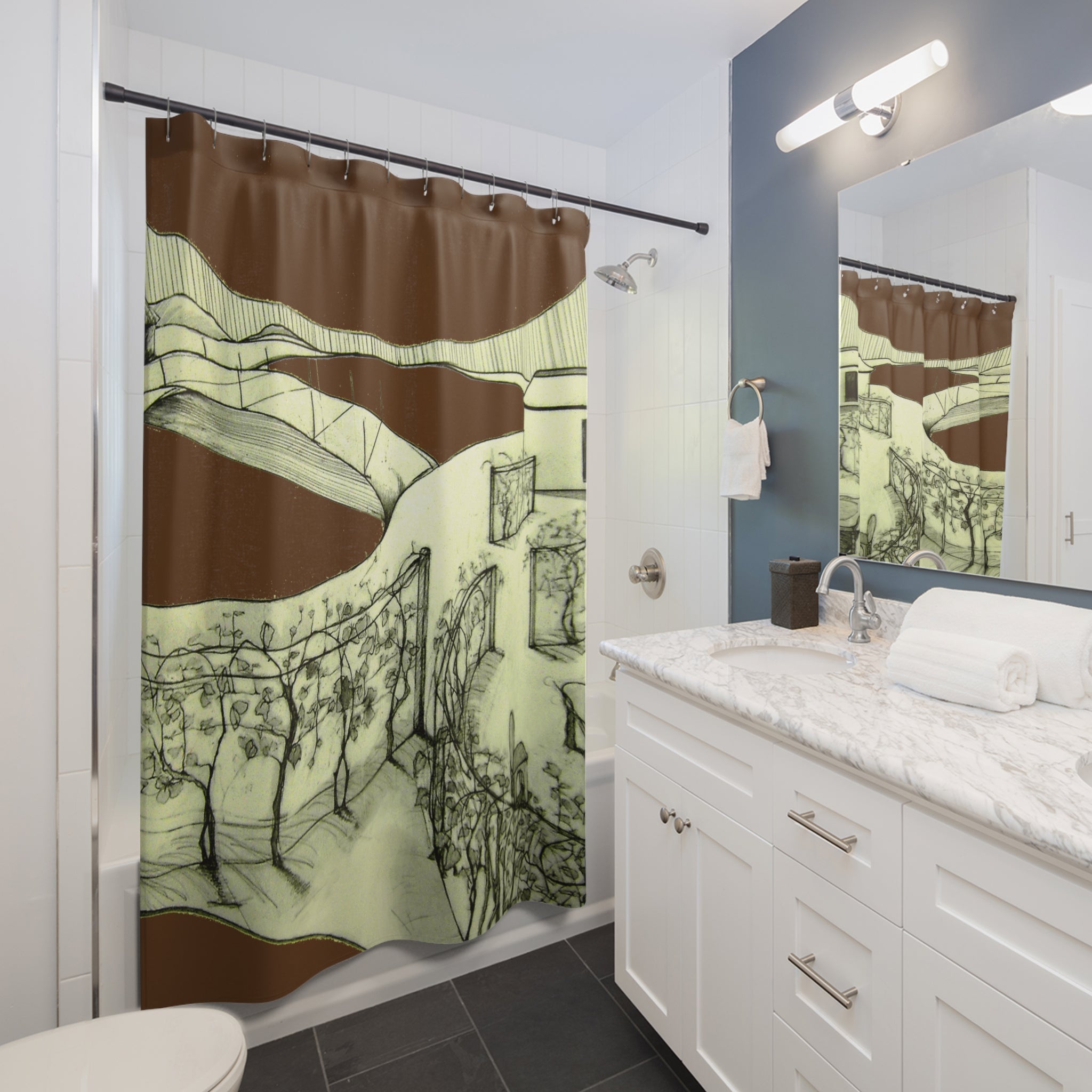 Tuscan — Hand-Drawn Landscape Shower Curtain (Dark Brown)