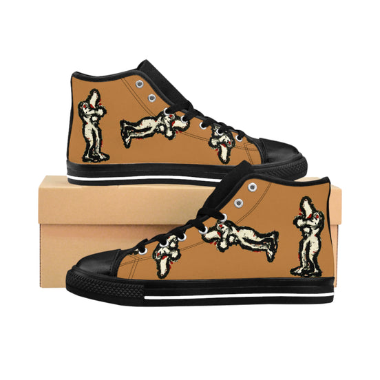 InTense – Women’s High-Top Canvas Sneakers with Abstract Figure Art – Light Brown Background