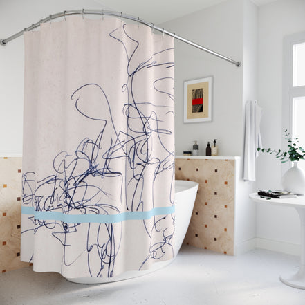 Abstract Line Art Shower Curtain — Minimalist Blue Accent Bathroom Decor