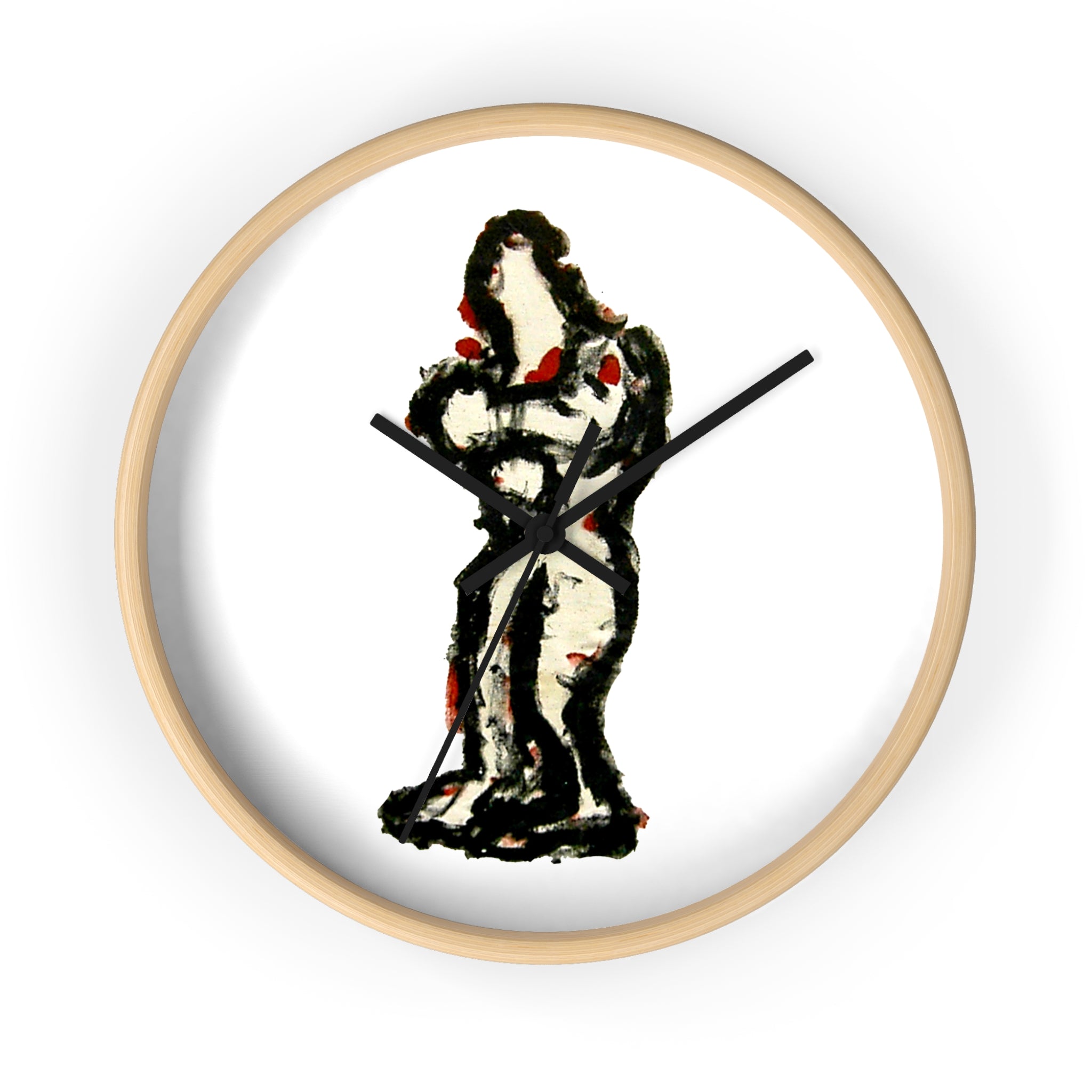 Front view of In-Tense designer wall clock with black and red figurative artwork centered on a white clock face.