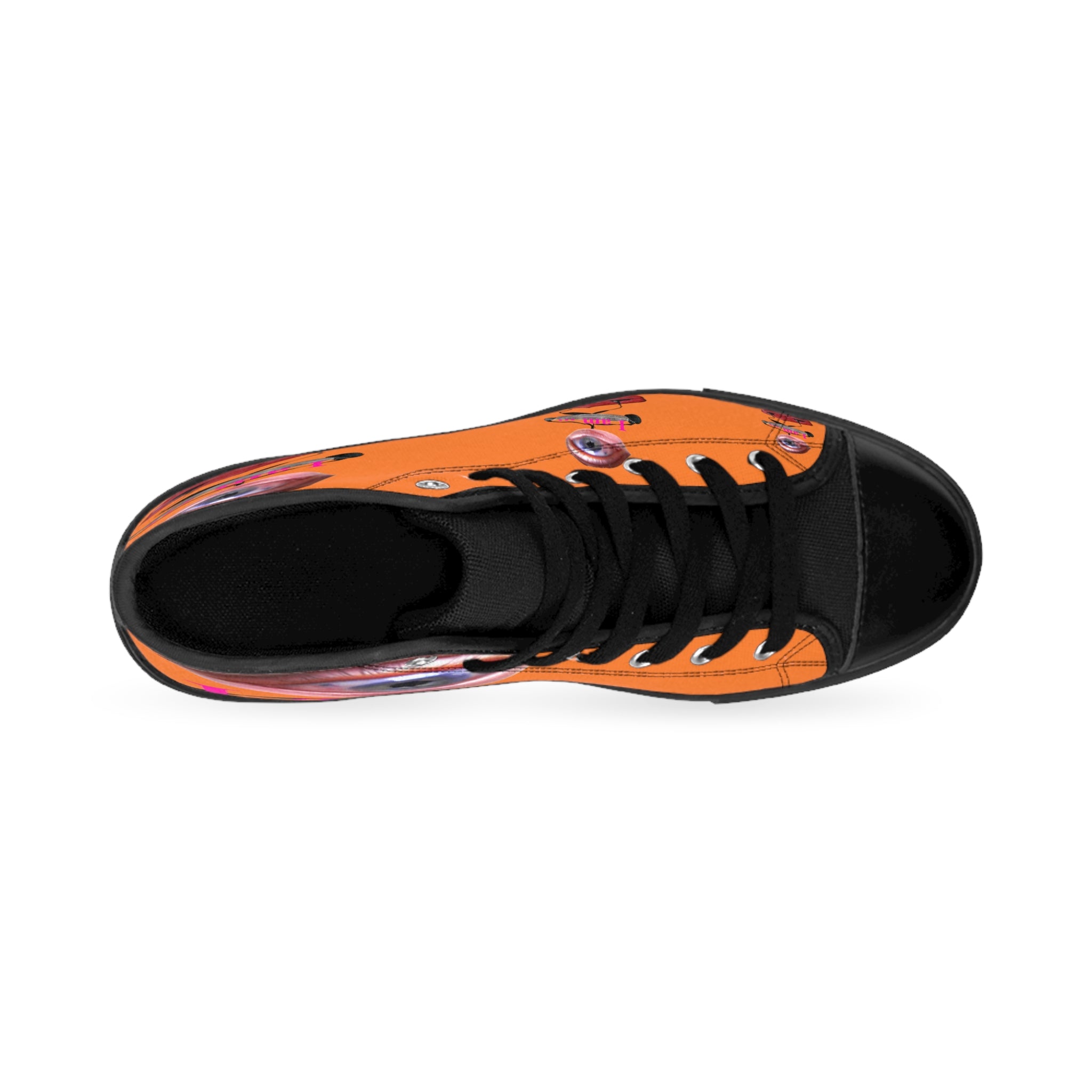 I Am – Men’s High-Top Canvas Sneakers with Surreal Eye Figure Art – Bright Orange Background