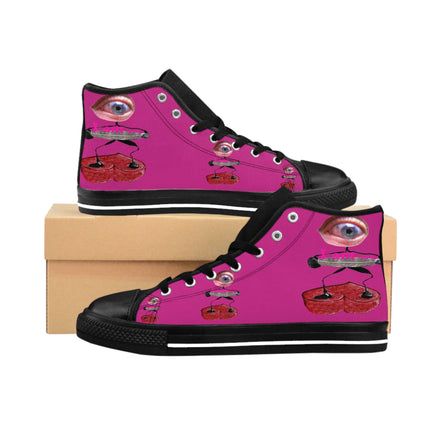 I Am – Men’s High-Top Canvas Sneakers with Surreal Eye Figure Art – Hot Pink Background