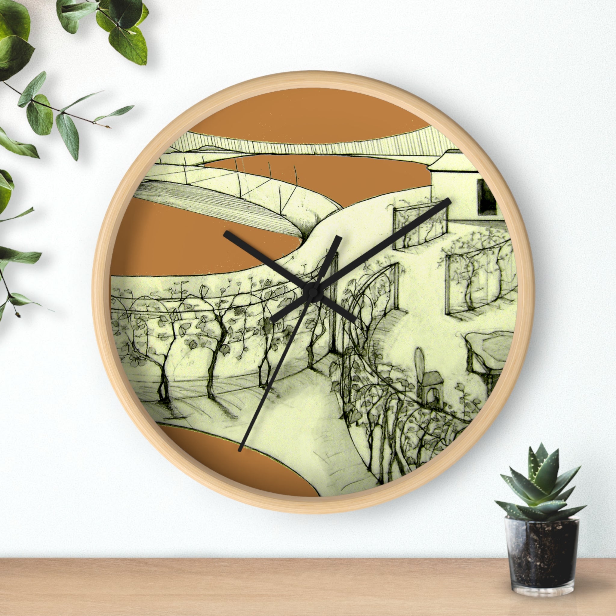 Tuscan — Hand-Drawn Landscape Designer Wall Clock (Light Brown)