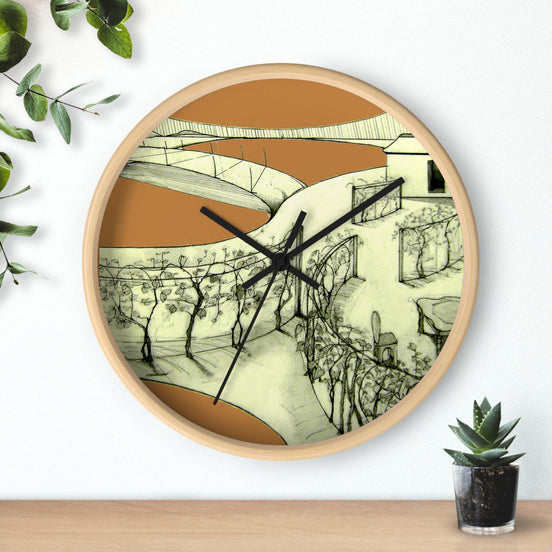 Round Tuscan designer wall clock with a light wood frame featuring a green and terracotta architectural landscape illustration with black linework, mounted on a wall.