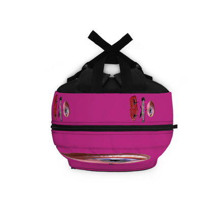 Surreal Eye Character Backpack — “I am…” Art Print School Bag (hot pink)