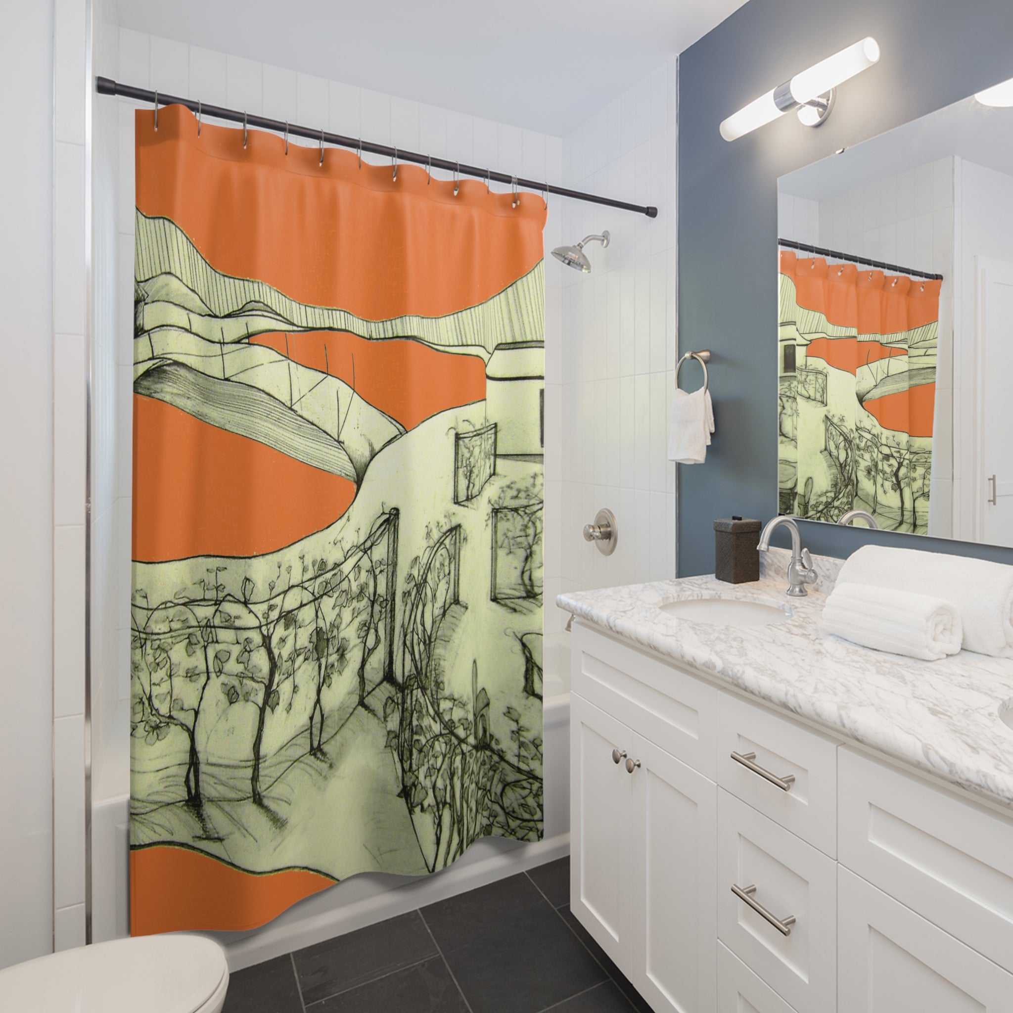Tuscan — Hand-Drawn Landscape Shower Curtain (Orange)