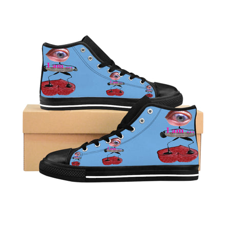 I Am – Women’s High-Top Canvas Sneakers with Surreal Eye Figure Art – Light Blue Background