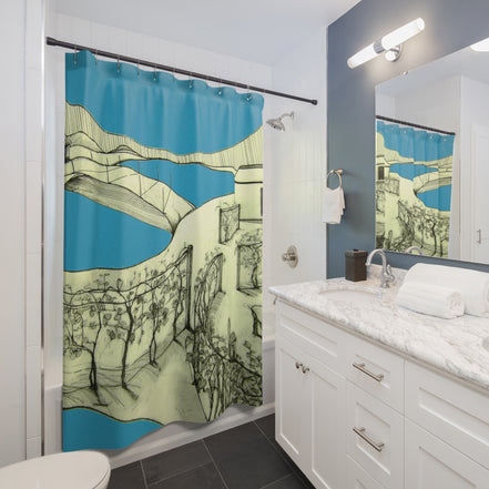 Tuscan — Hand-Drawn Landscape Shower Curtain (Turquoise)