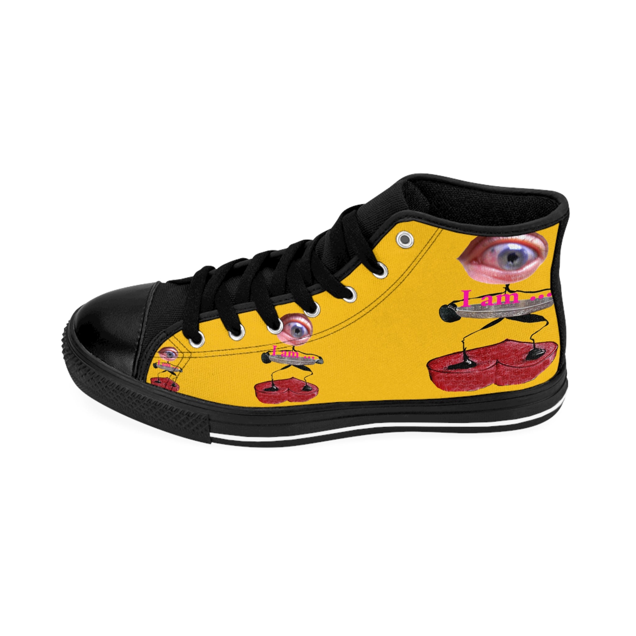 I Am – Women’s High-Top Canvas Sneakers with Surreal Eye Figure Art – Golden Yellow Background