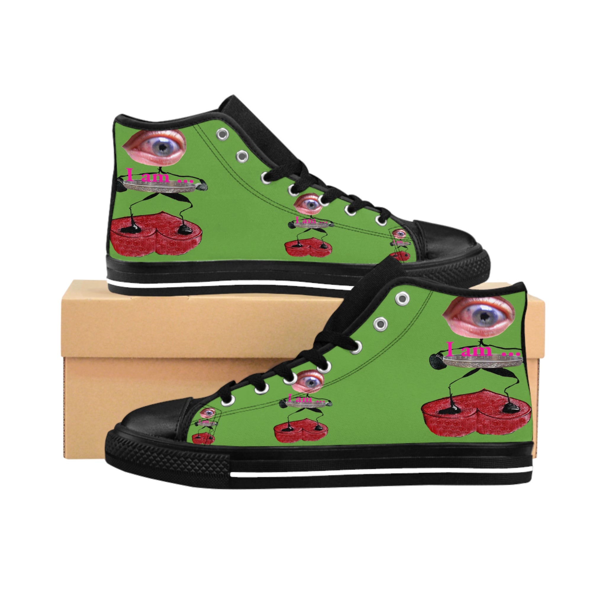 I Am – Women’s High-Top Canvas Sneakers with Surreal Eye Figure Art – Green Background