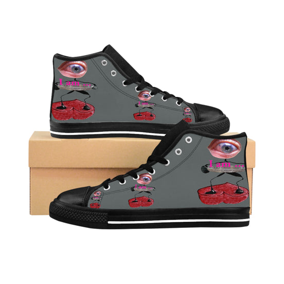 I Am – Women’s High-Top Canvas Sneakers with Surreal Eye Figure Art – Dark Grey Background