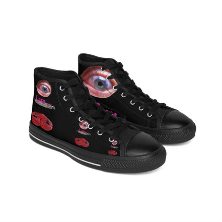 I Am – Women’s High-Top Canvas Sneakers with Surreal Eye Figure Art – Black Background
