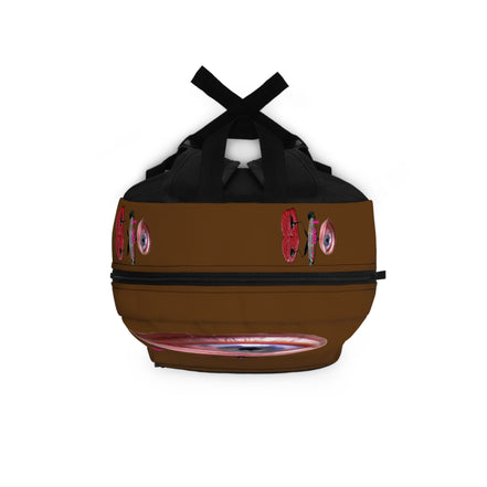 Surreal Eye Character Backpack — “I am…” Art Print School Bag (brown)