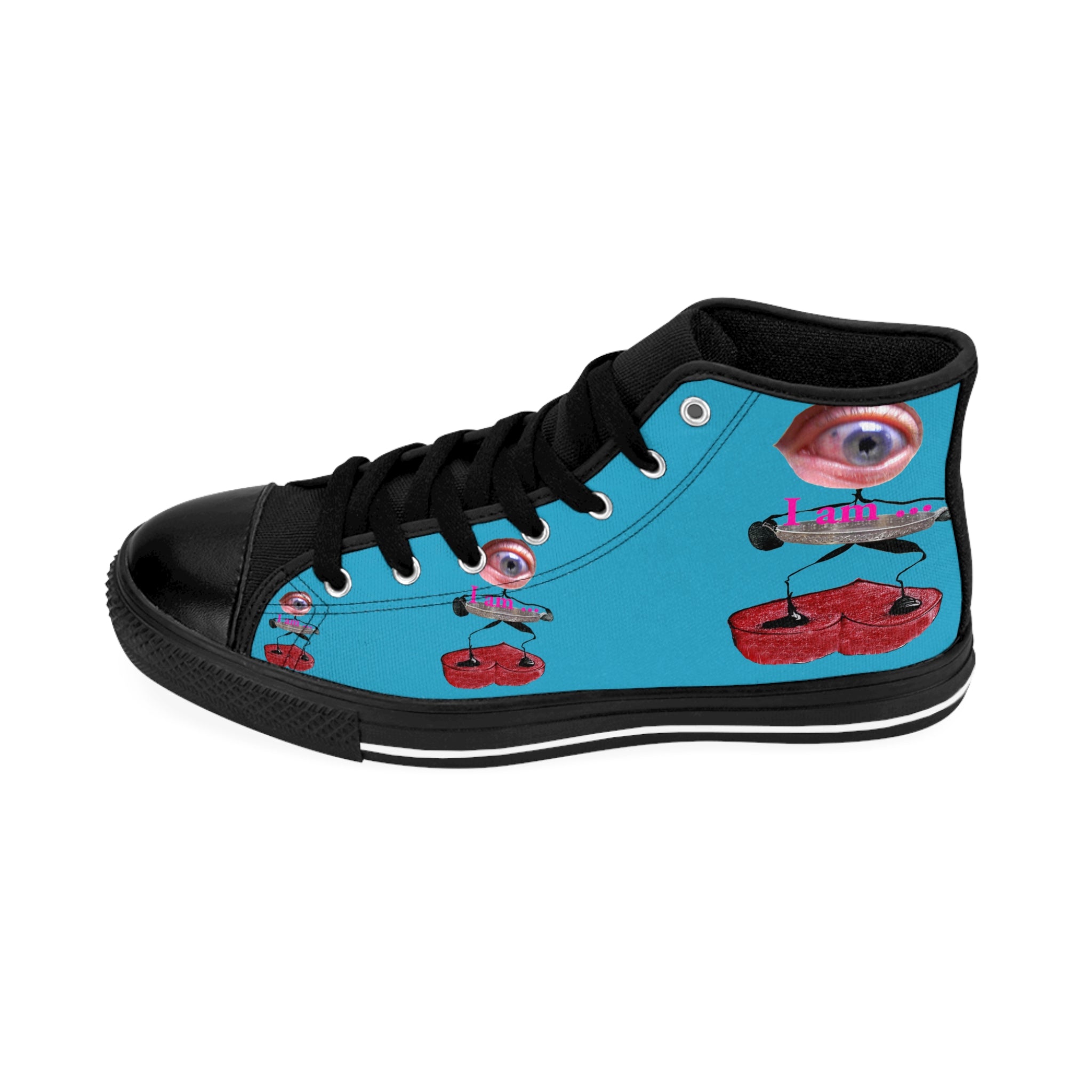 I Am – Men’s High-Top Canvas Sneakers with Surreal Eye Figure Art – Turquoise Background