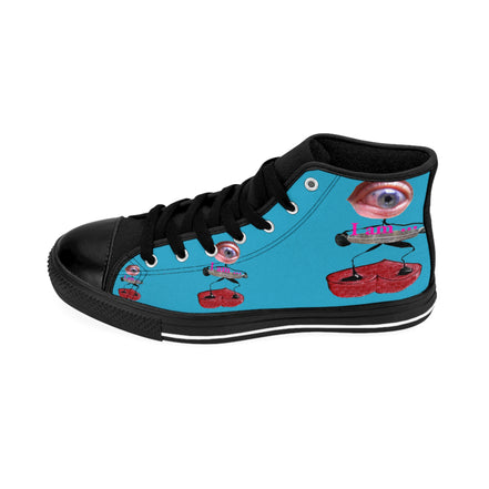 I Am – Men’s High-Top Canvas Sneakers with Surreal Eye Figure Art – Turquoise Background