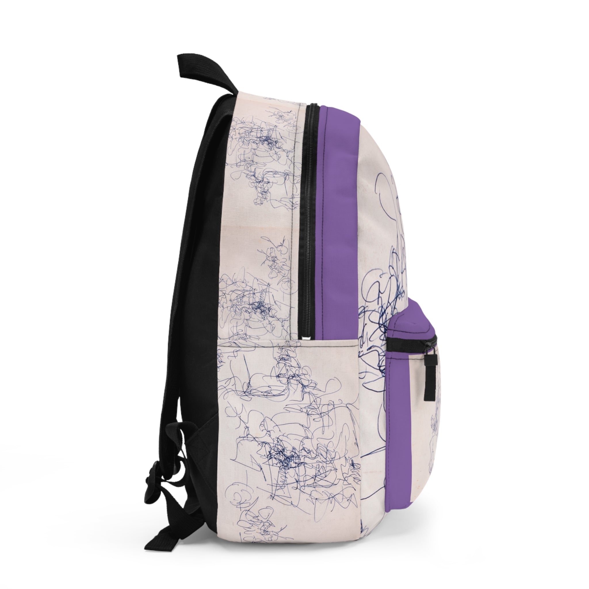 Abstract Ink Sketch Backpack — Minimalist Doodle Front Pocket Bag (light purple)