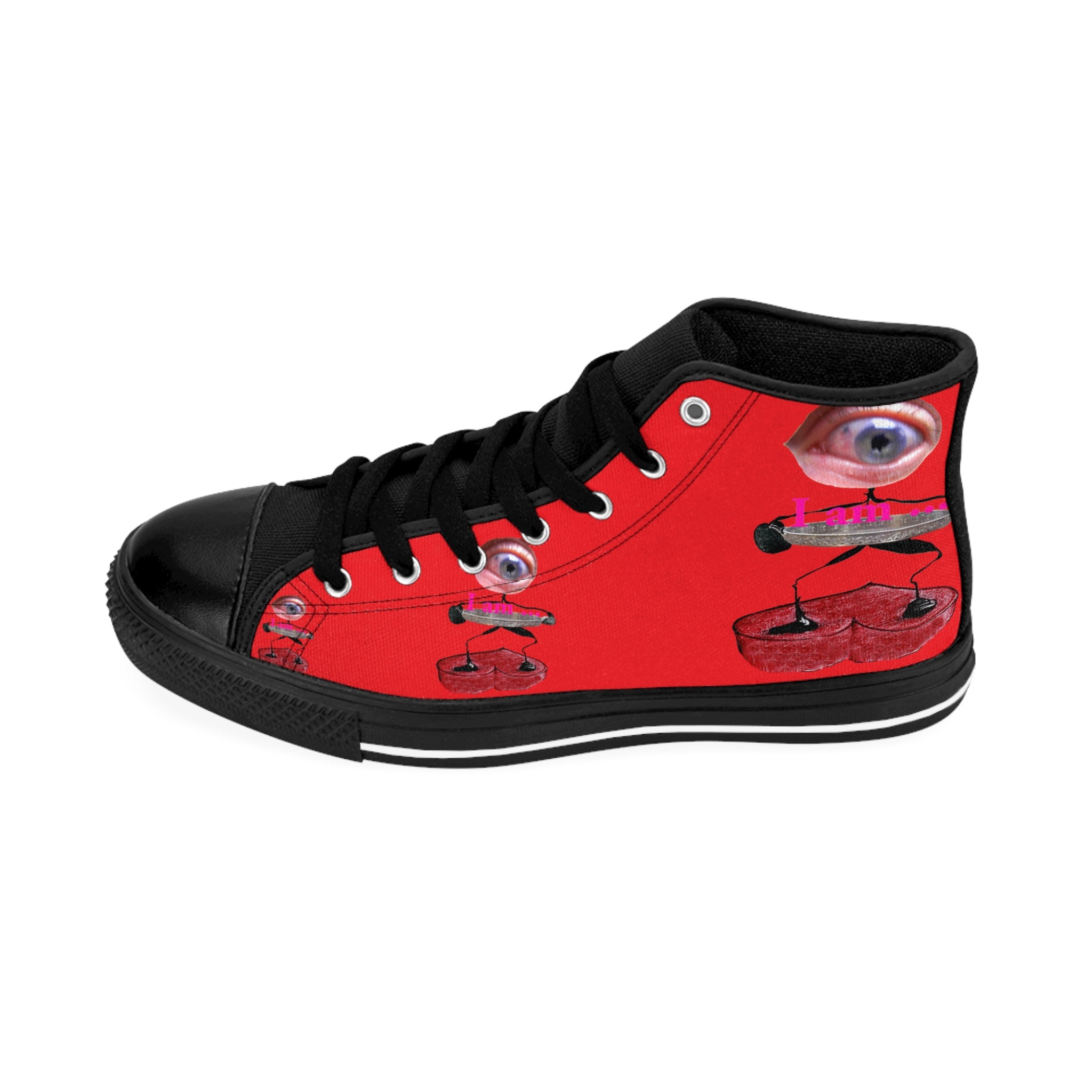 I Am – Women’s High-Top Canvas Sneakers with Surreal Eye Figure Art – Red Background