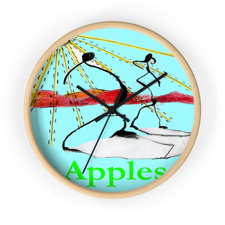 Front view of Apples in Motion 10-inch designer wall clock with teal background, red band, and green Apples text