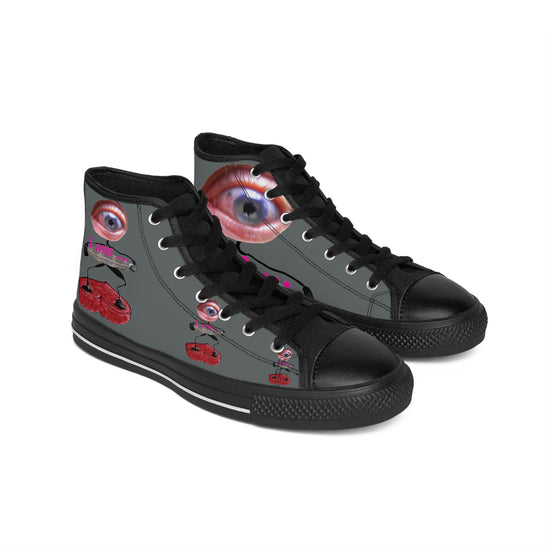I Am – Women’s High-Top Canvas Sneakers with Surreal Eye Figure Art – Dark Grey Background