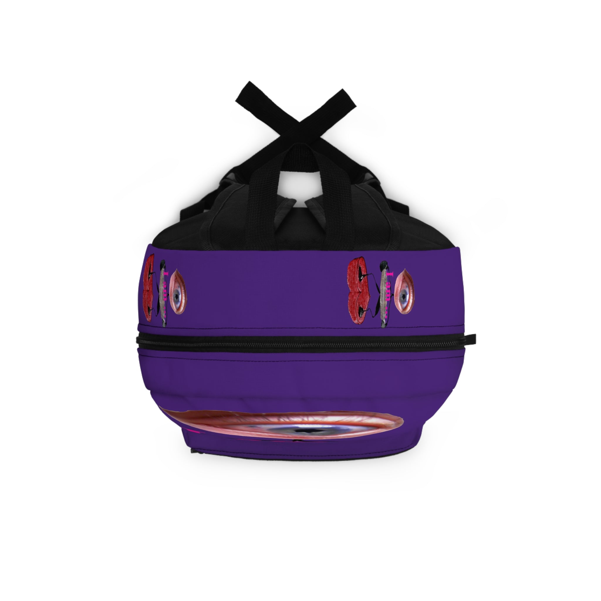 Surreal Eye Character Backpack — “I am…” Art Print School Bag (dark purple)