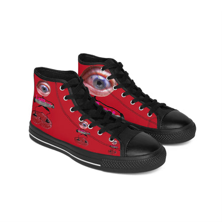 I Am – Men’s High-Top Canvas Sneakers with Surreal Eye Figure Art – Dark Red Background