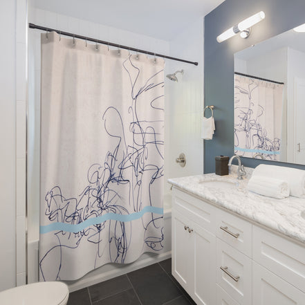 Abstract Line Art Shower Curtain — Minimalist Blue Accent Bathroom Decor