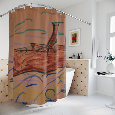 Hand-Drawn Canoe Shower Curtain — Rustic Boat on Wavy Lake Bathroom Decor