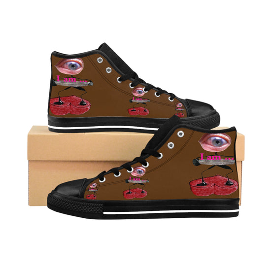 I Am – Women’s High-Top Canvas Sneakers with Surreal Eye Figure Art – Brown Background