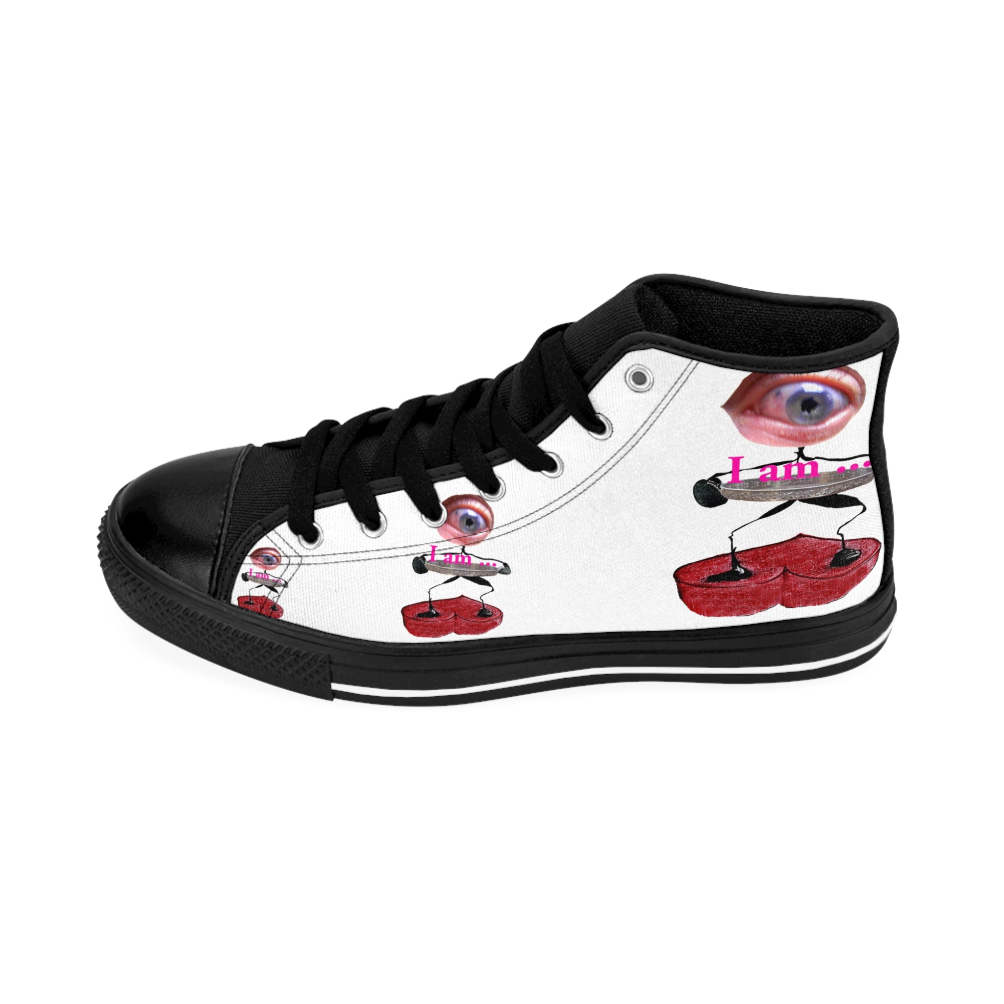 I Am – Women’s High-Top Canvas Sneakers with Surreal Eye Figure Art – White Background