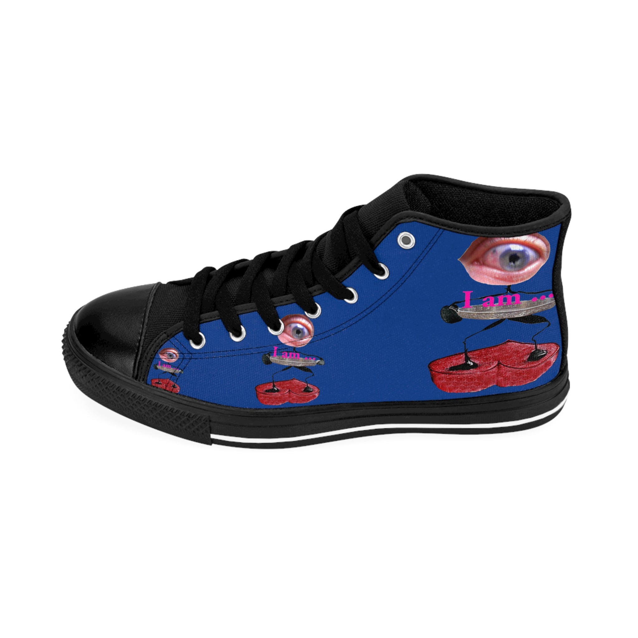 I Am – Women’s High-Top Canvas Sneakers with Surreal Eye Figure Art – Dark Blue Background