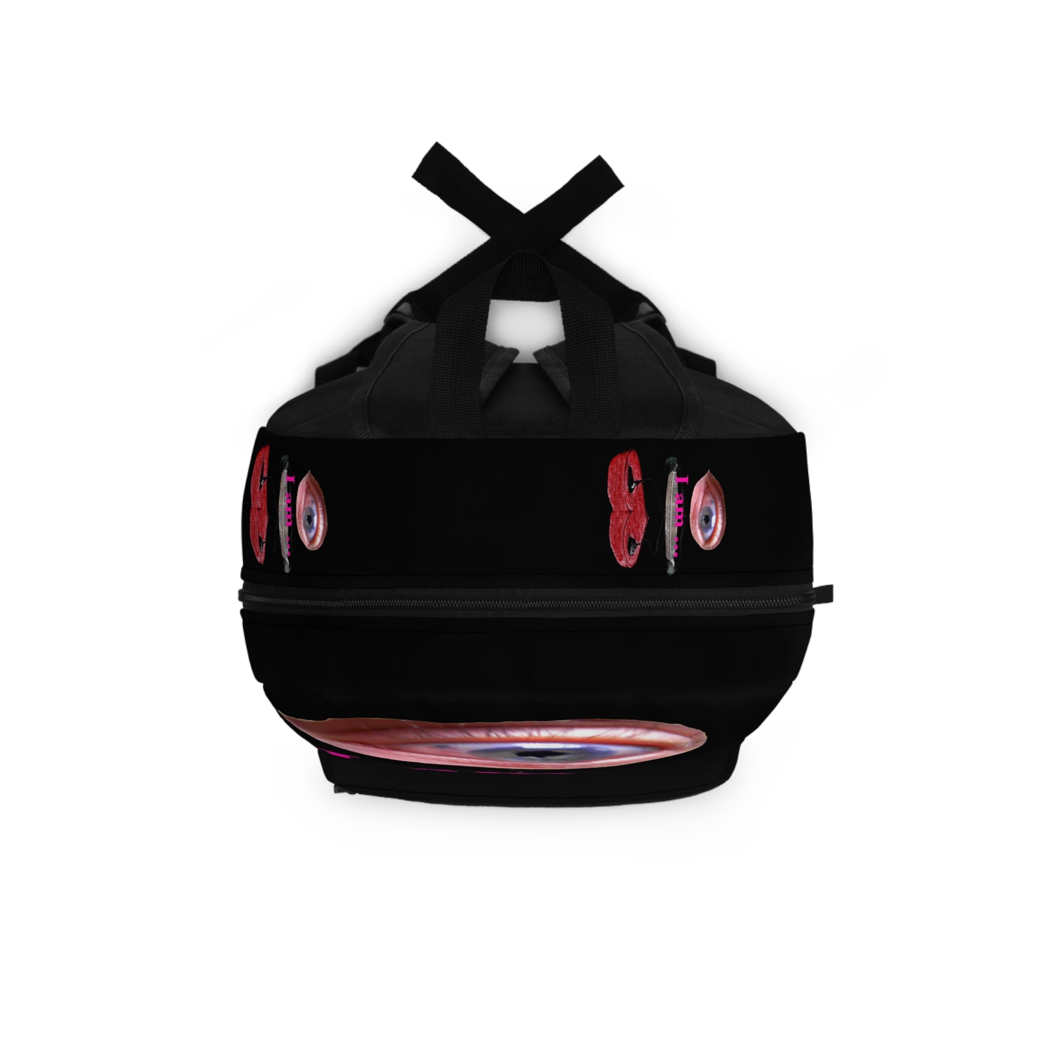 Surreal Eye Character Backpack — “I am…” Art Print School Bag (black)