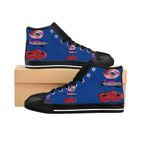 I Am – Women’s High-Top Canvas Sneakers with Surreal Eye Figure Art – Dark Blue Background