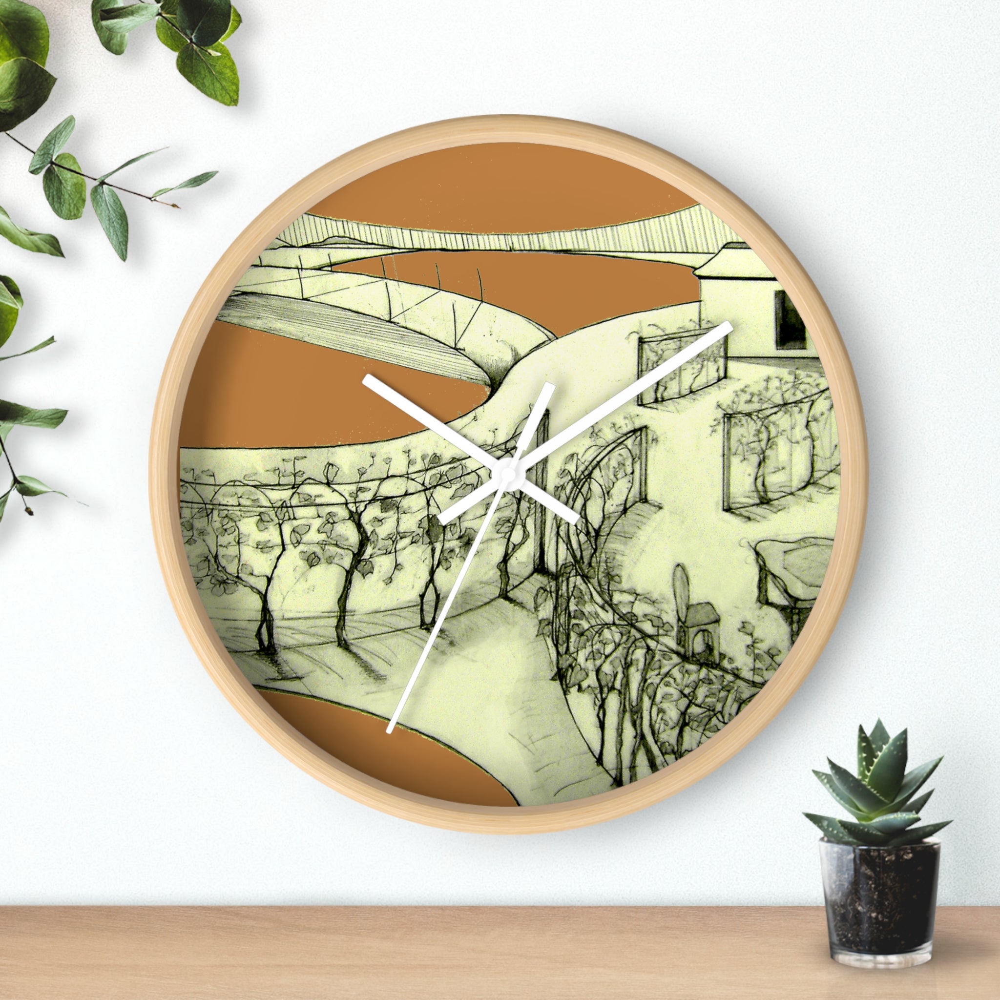 Tuscan — Hand-Drawn Landscape Designer Wall Clock (Light Brown)