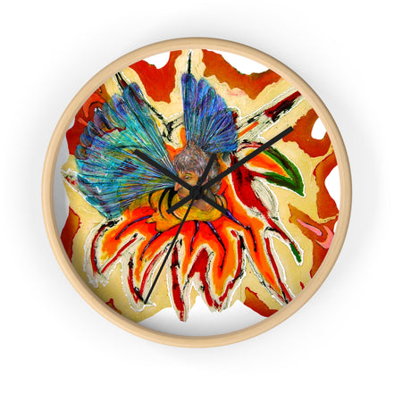 Front view of Bee Pollen Bloom 10-inch designer wall clock with blue bee and orange petal artwork on a white clock face